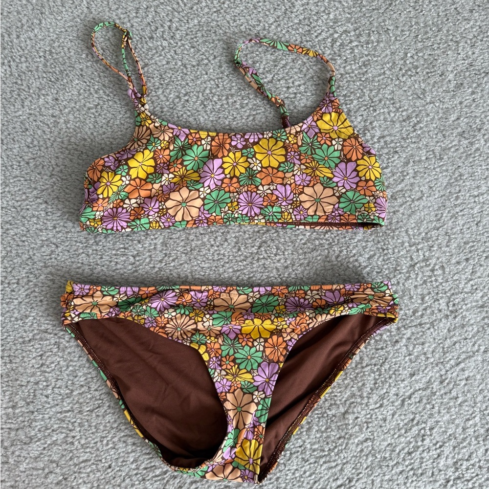Floral Two-Piece Swim Set - Brown, Yellow, Green, Pink